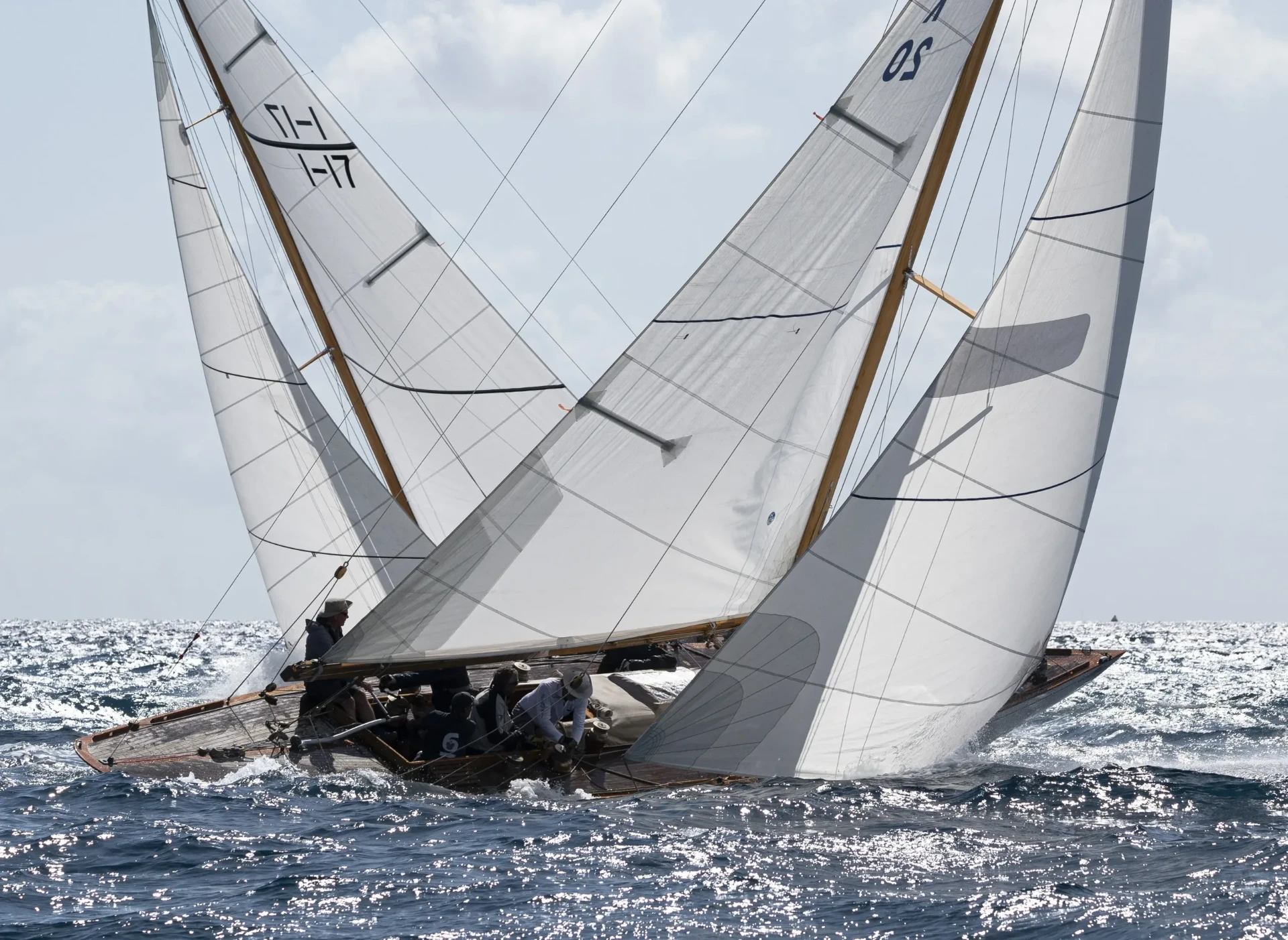 8mR classic yachts Falcon K20 and Aria I17 racing at the World Cup Genoa 2023